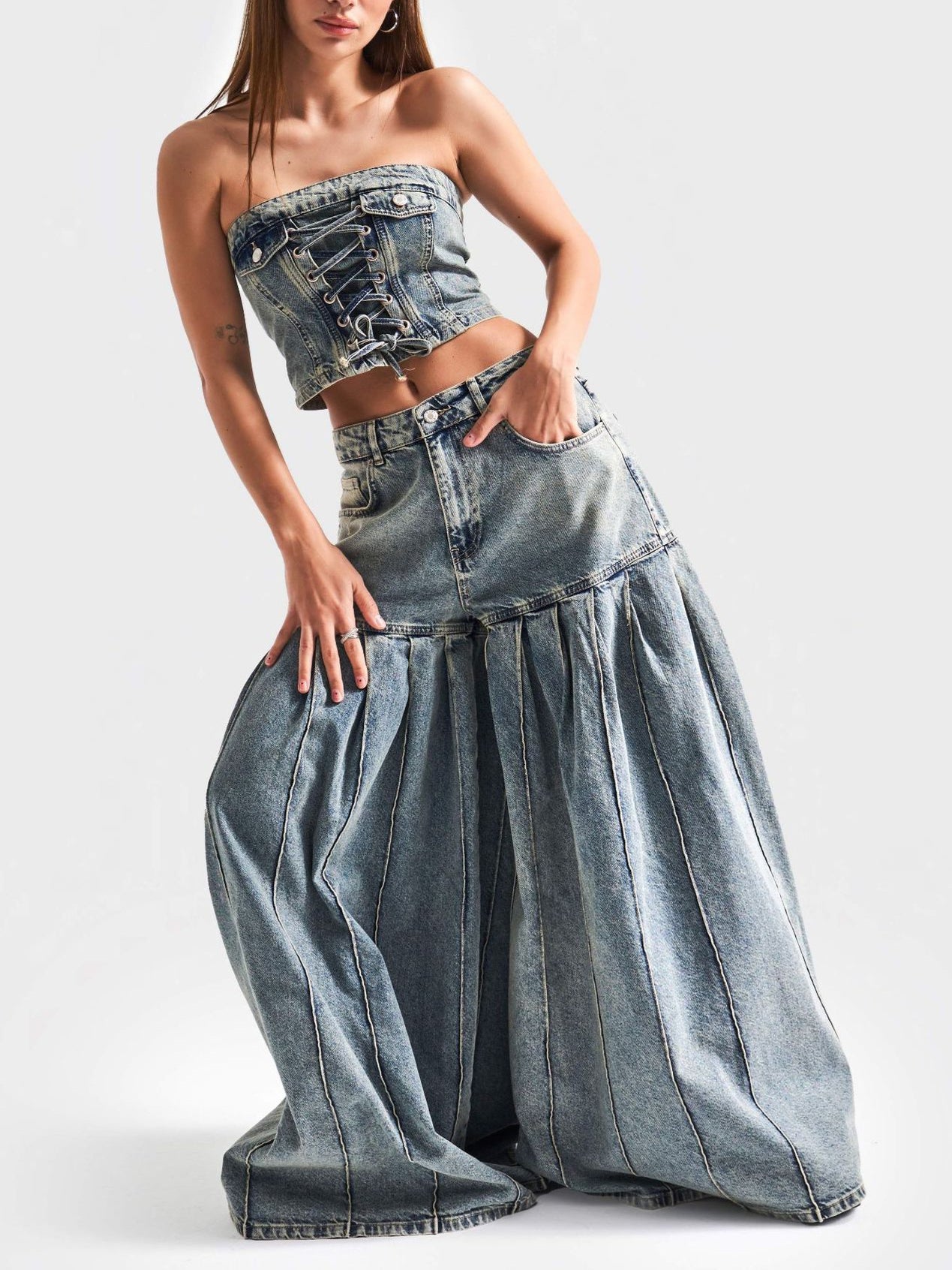 Strapless Denim Corset Crop Top & High - Waisted Pleated Wide - Leg Pants Set