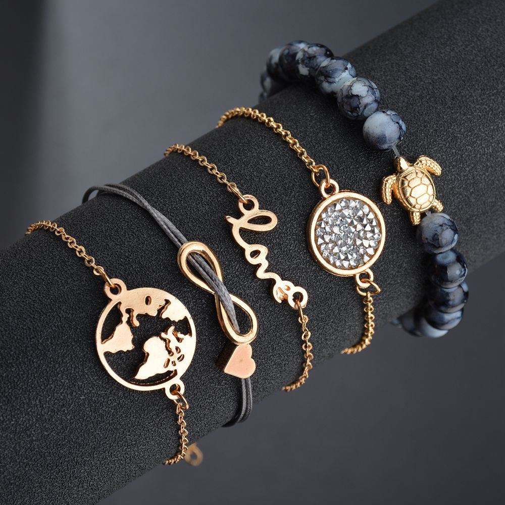 Vintage Turtle Heart Map Charm Bracelets Set For Women 2 New Design Stone Beads Infinite Bracelet Boho Jewelry