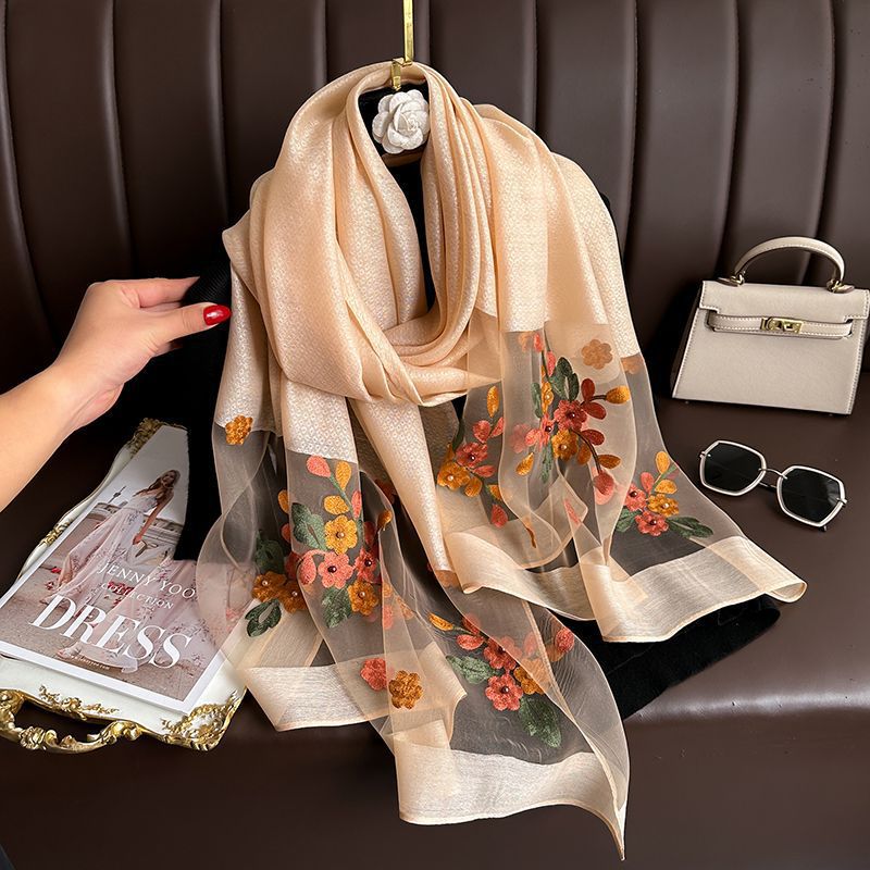 Exquisite Silk Embroidered Scarf Long Style For Autumn And Winter
