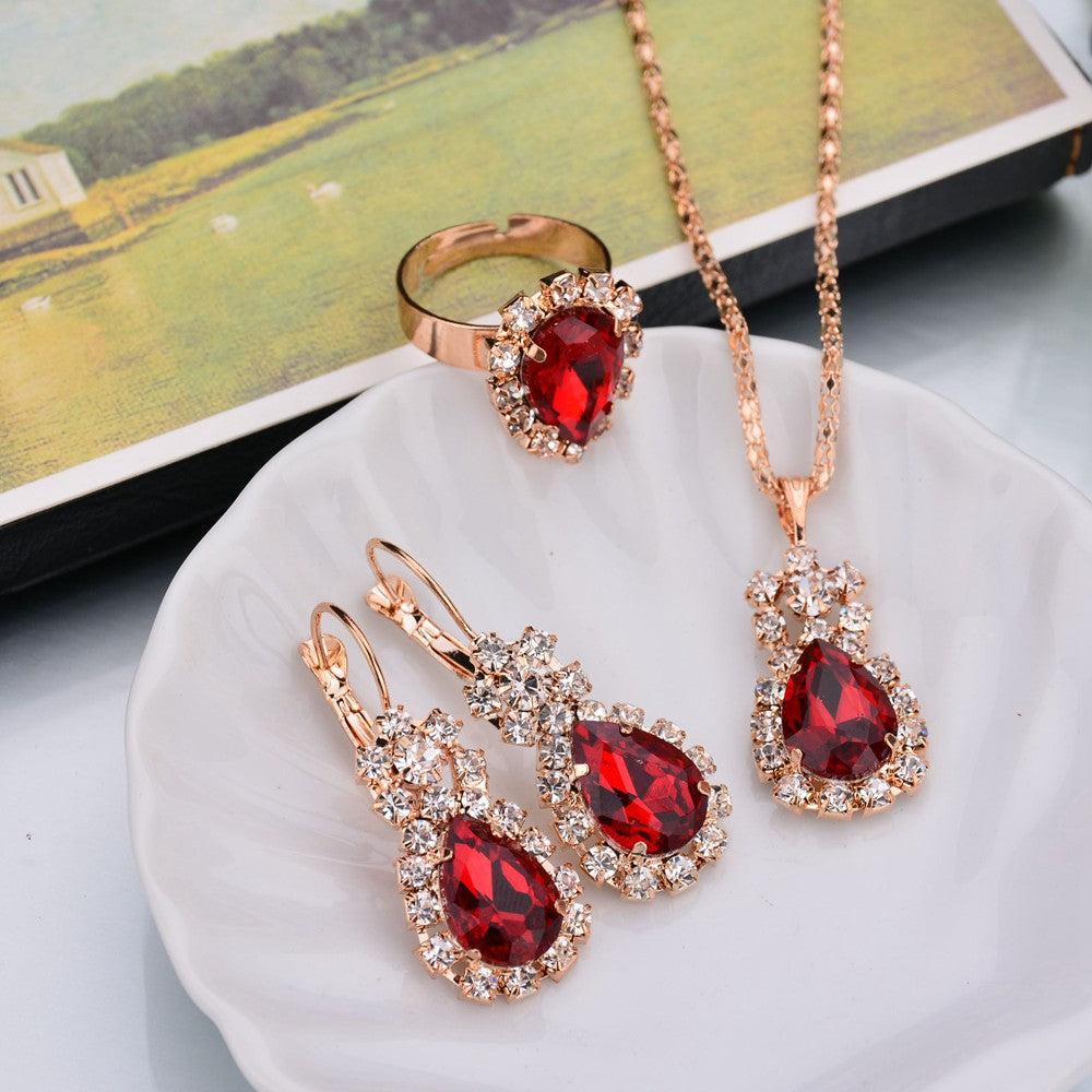 Europe And The United States Personalized Water Drop Color Diamond Necklace, Earrings, Rings Set, Shiny High-end Bridal Jewelry