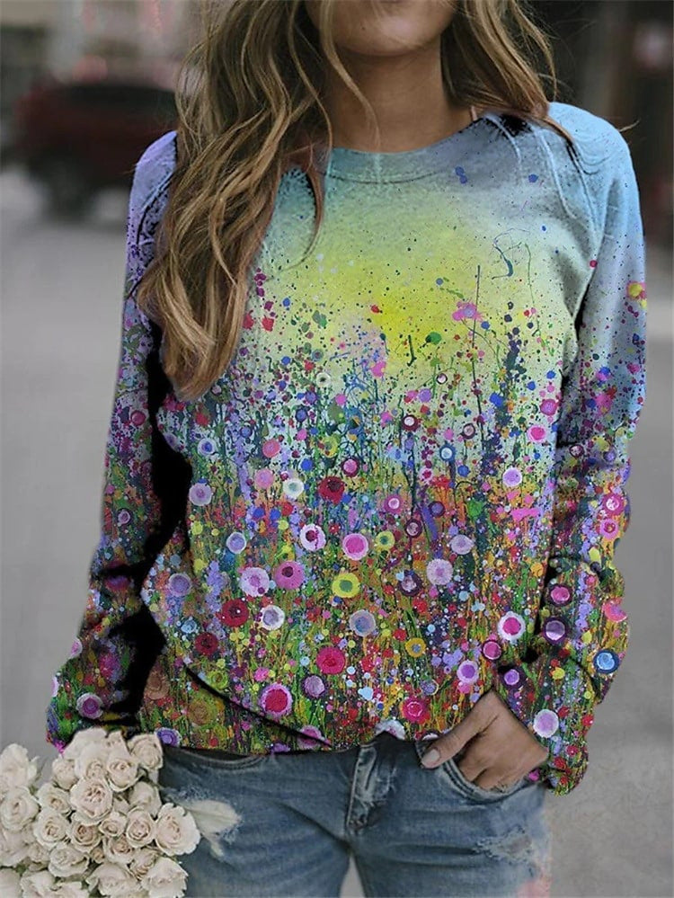 Women's Floral Print Round Neck Long-sleeved Sweater