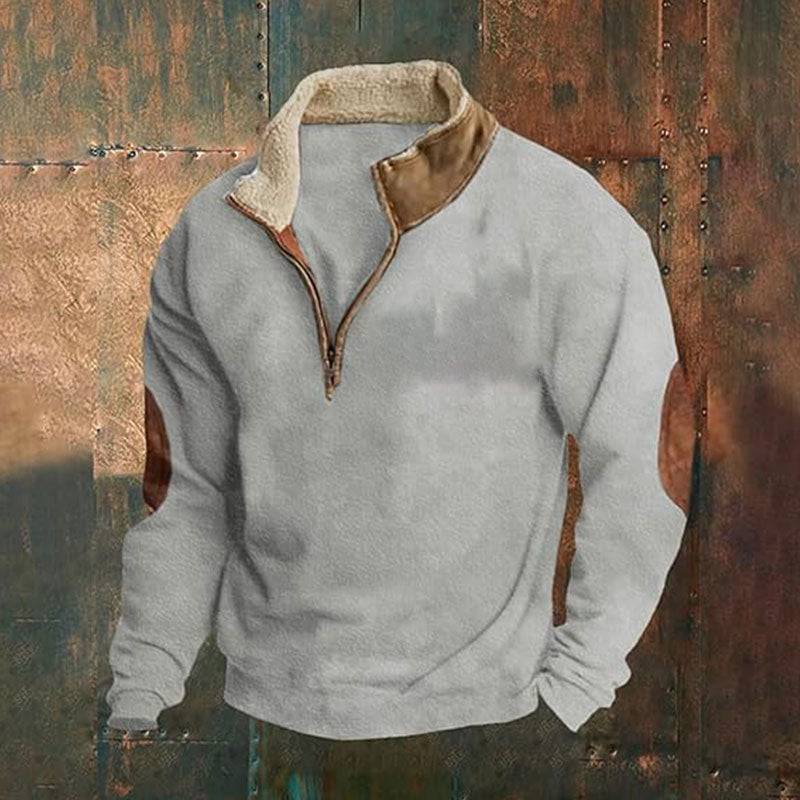 Retro Patchwork Half Cardigan Men's Long-sleeved Sweater