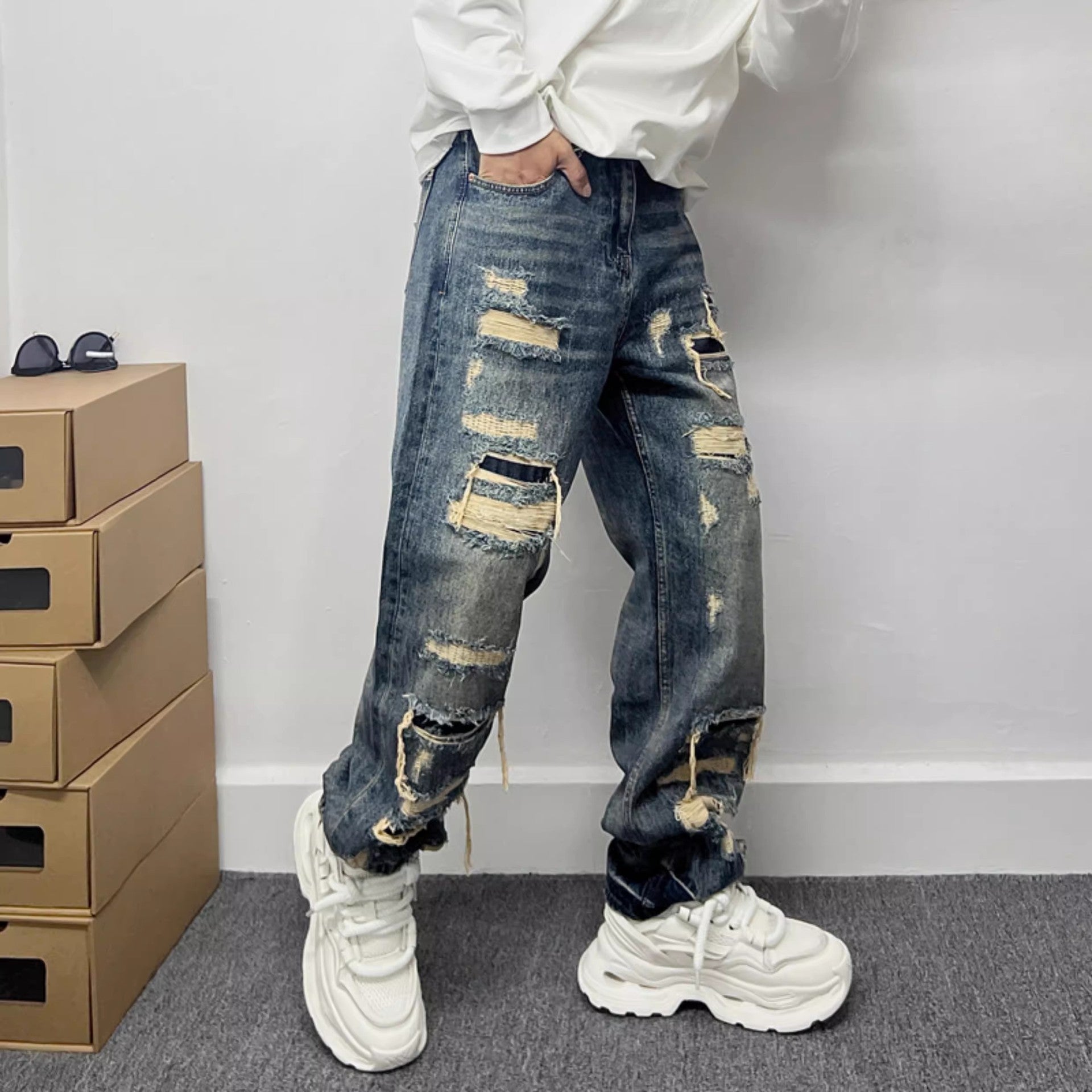 American Casual Stylish Ripped Patch Jeans