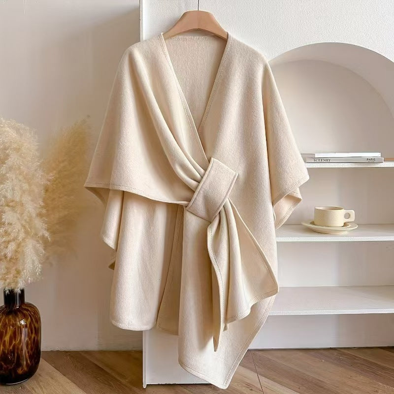 Fur Collar Fur Ball Knitted Cardigan Cape And Shawl