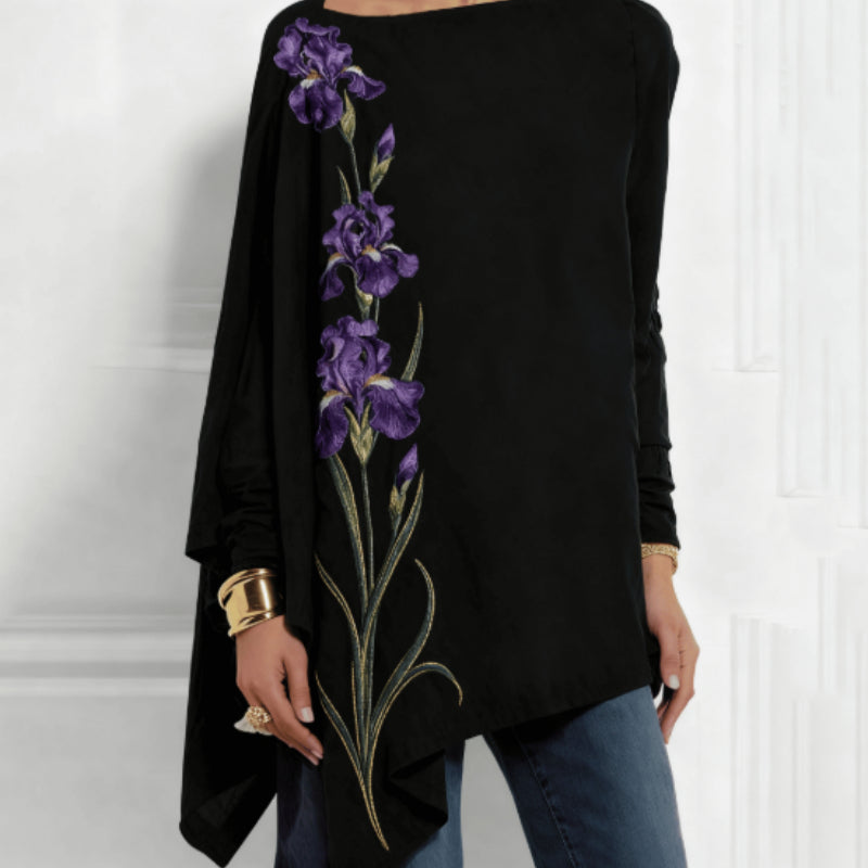Women's Purple Iris Embroidered Style Print Asymmetric Tunic