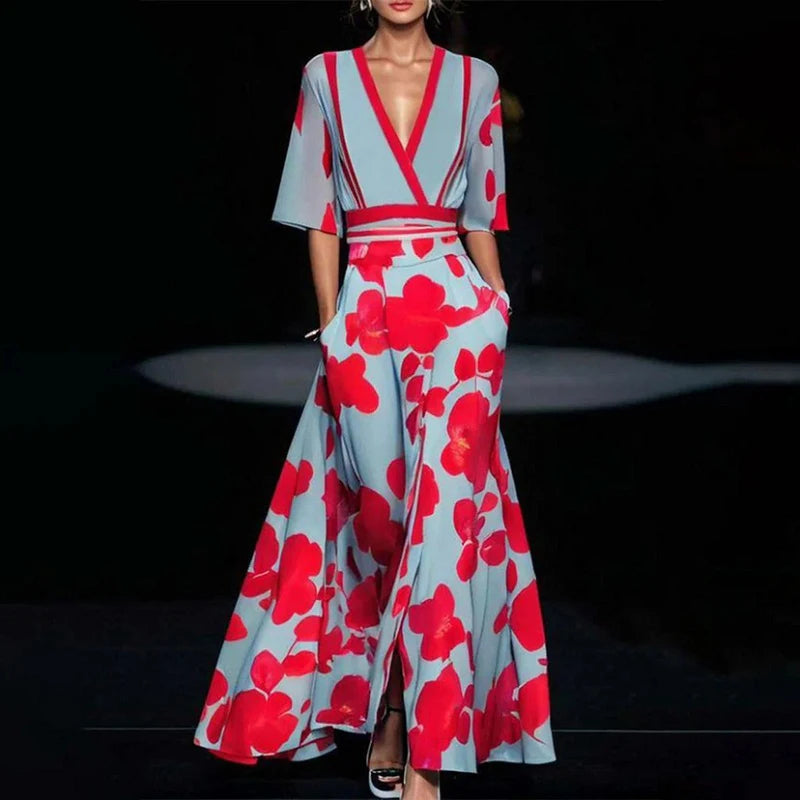 Summer V-neck Split Short-sleeved Dress Fashion Flower Print A-line Long Dresses Party Club Beach Clothing For Women