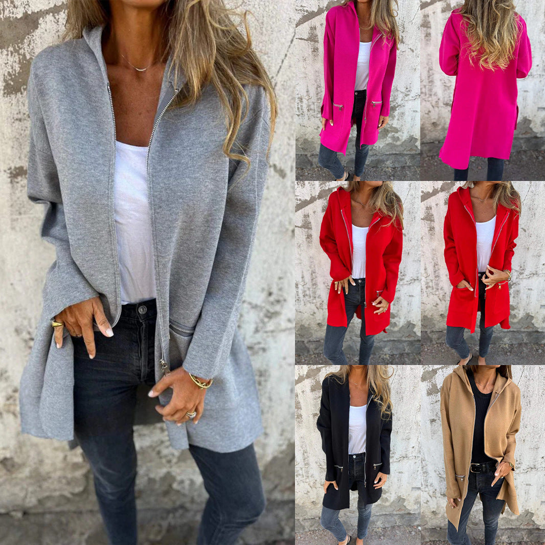 Zip-up Hooded Cardigan Coat Fashion Solid Color Pocket Jacket Fall And Winter Women's Coat Clothing