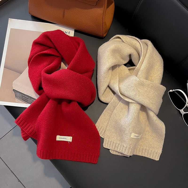 Womens Solid-Color Knitted Sheep Wool Scarf